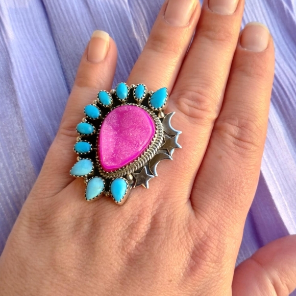 All Sterling Silver, Sleeping Beauty Turquoise and Pink Druzy Ring, Adjustable - Picture 2 of 4